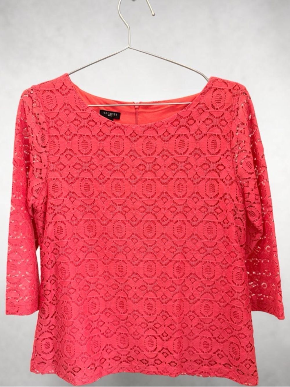 Talbots Medium Petite Salmon Lace Top 3/4 Sleeve Preppy Office Dressy Blouse - Picture 2 of 9